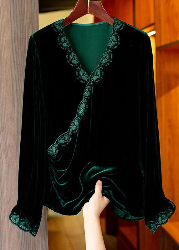 Women Black V Neck Embroideried Silk Velour Top Long Sleeve