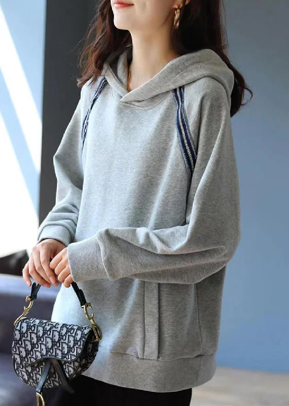 Modern Grey Hooded Pockets Cotton Pullover Sweatshirt Fall