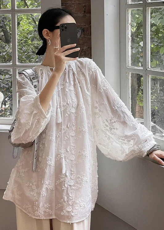 Plus Size Cozy White Embroideried Cotton Shirt Tops Fall