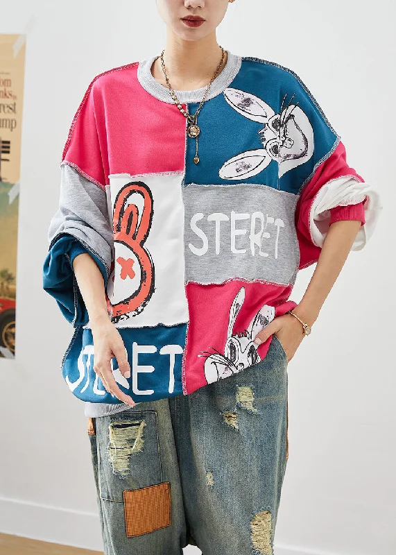 Plus Size Colorblock Oversized Patchwork Rabbit Print Cotton Sweatshirt Fall