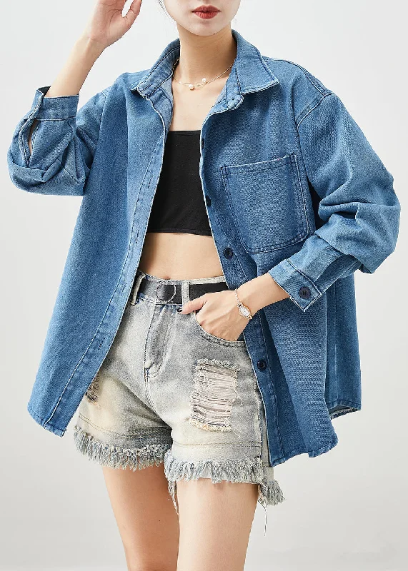 Classy Blue Oversized Pocket Denim Shirt Fall