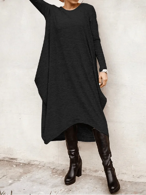 Women's Casual High Low Hem Midi Dress - Loose Fit with Long Sleeves