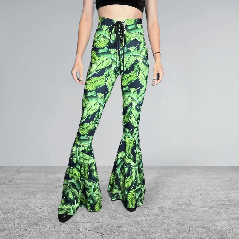 Lace-Up High Waist Bell Bottoms - Tropical Leaves