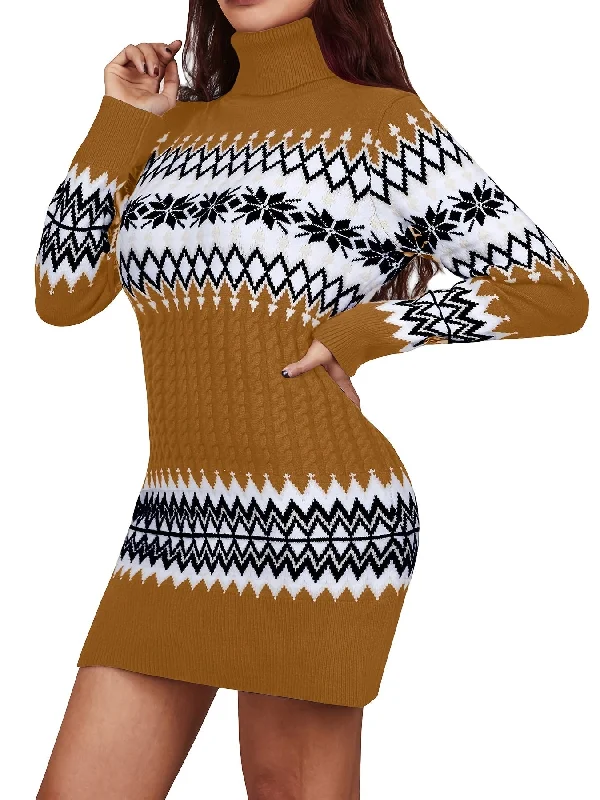 Sixsr Christmas Turtleneck Sweater Dress, Long Sleeve Sweater Dress, Casual Sweater Dress For Fall & Winter, Women's Clothing