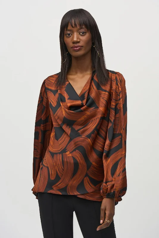 Joseph Ribkoff Black/Brown Brushstroke Print Cowl Neck Satin Top 244181