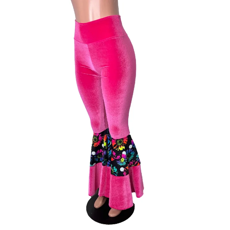 SALE - SMALL Tiered Bell Bottom Flares - Neon Hot Pink Velvet w/ Polka Dot Electric Daisy