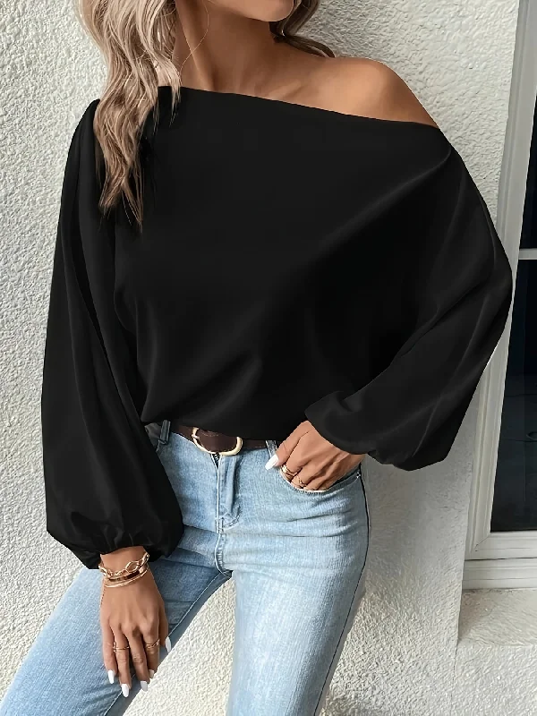 Sixsr Solid Color Drop Shoulder Blouse, Casual Loose Long Sleeve Blouse For Spring, Women's Clothing