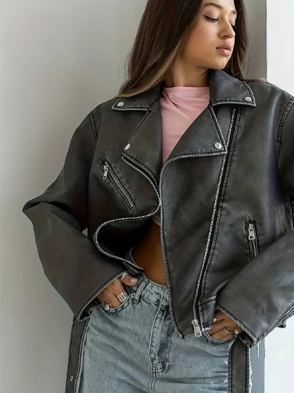 Sixsr Vintage Lapel Belted Biker Jacket, Long Sleeve Slant Zipper Pockets Loose Jacket, Women's Clothing