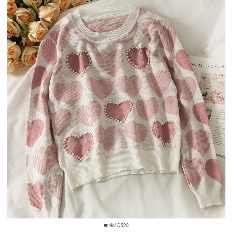 Sweet wind nail pearl heart print sweater for women  1839