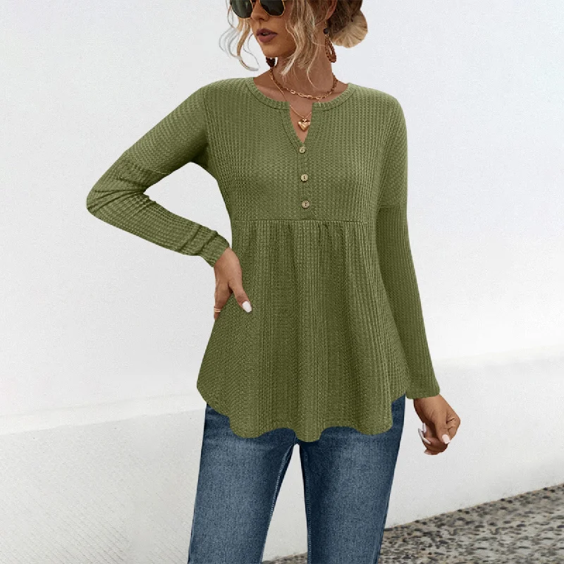 Button Waffle Loose Long Sleeve Tops Wholesale Womens Clothing N3824111300038