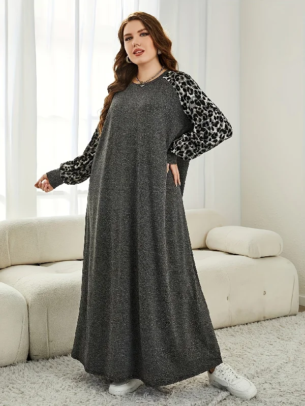 Sixsr Plus Size Casual Dress, Women's Plus Colorblock Leopard Print Lantern Sleeve Round Neck Medium Stretch Maxi Dress