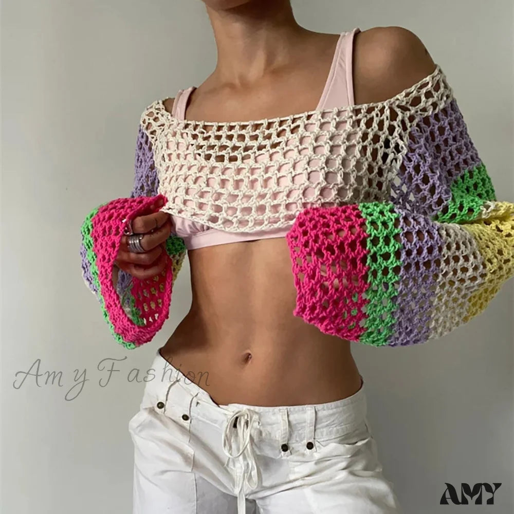 Amy Fashion - Summer Sexy Long Sleeve Smock Knitted Crop Top