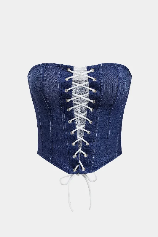 Denim Crossed Strappy Corset Tube Top