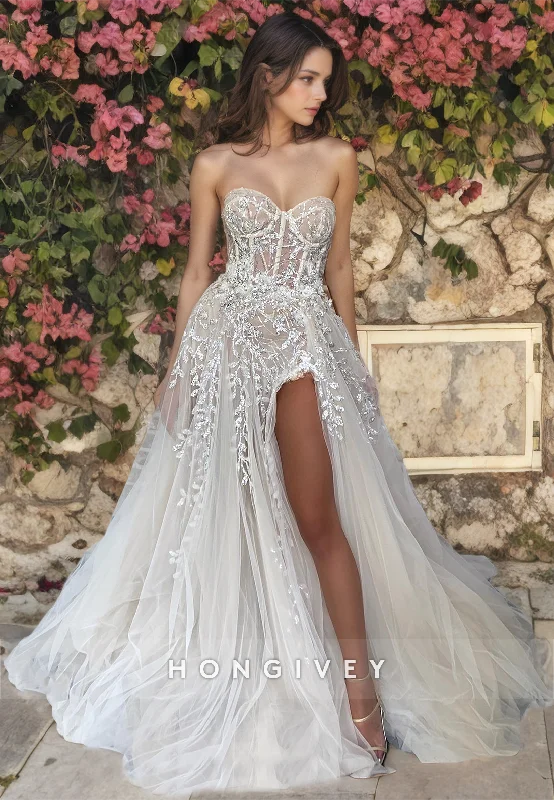 HONGIVEY Applique Tulle Wedding Dress with Side Slit 2024 New Strapless A-Line Bride Gown