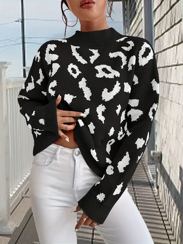 Sixsr Graphic Pattern Mock Neck Pullover Sweater, Casual Long Sleeve Sweater, Women's Clothing