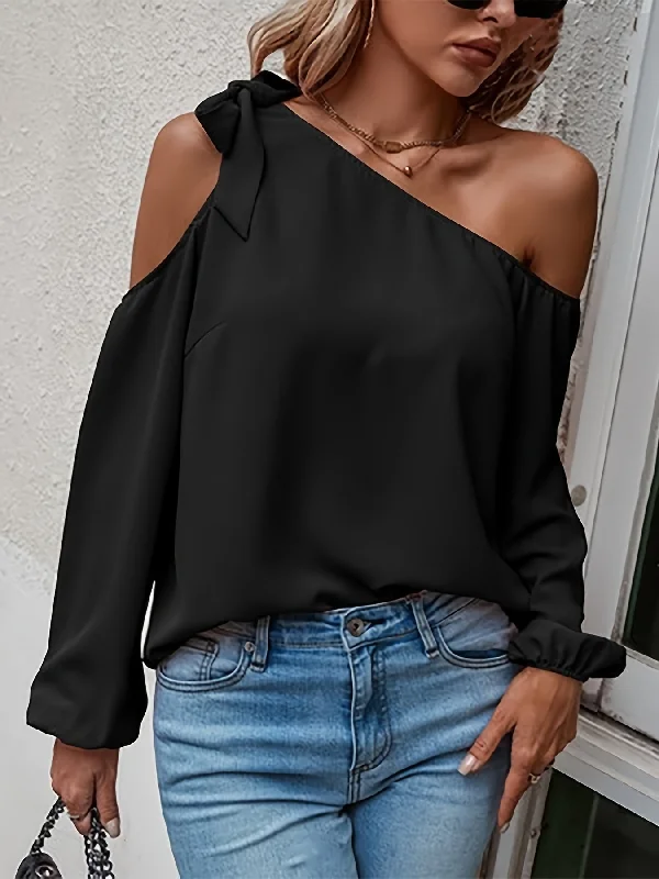 Sixsr Solid Cold Shoulder Blouse, Casual Long Sleeve Blouse For Spring & Fall, Women's Clothing