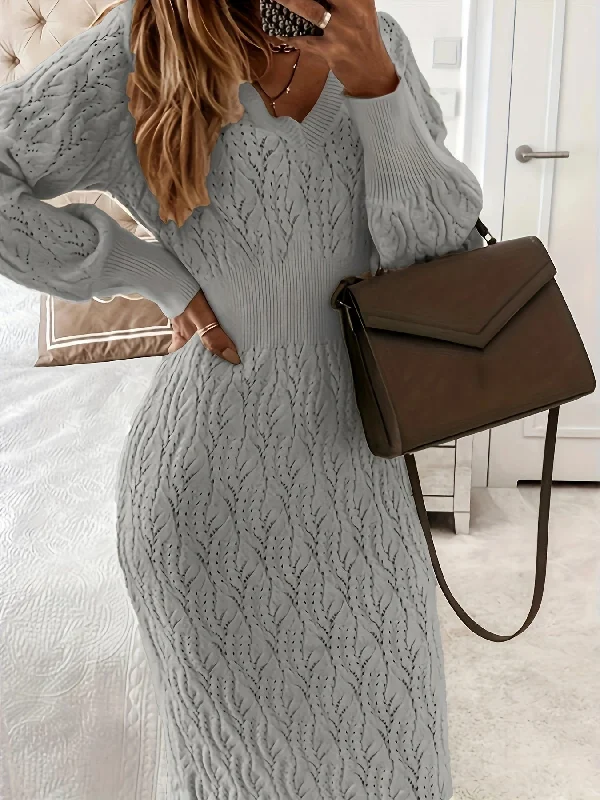 Sixsr Solid Eyelet Sweater Dress, Elegant V Neck Long Sleeve Midi Dress, Women's Clothing