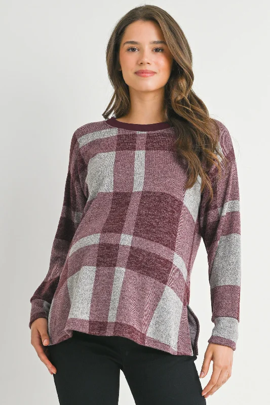 Plaid Crewneck Long Sleeve Maternity Pullover Top