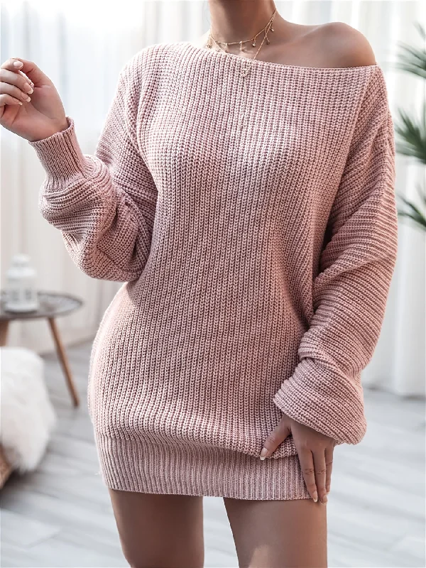 Sixsr Women's Off Shoulder Sweater Dress, Solid Long Sleeve Sweater Dress, Casual Sweater Dress For Fall & Winter, Women's Clothing