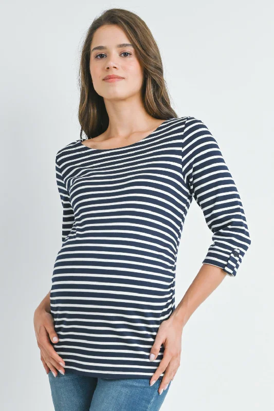 Stripe Boat Neck Tab Sleeve Maternity Top