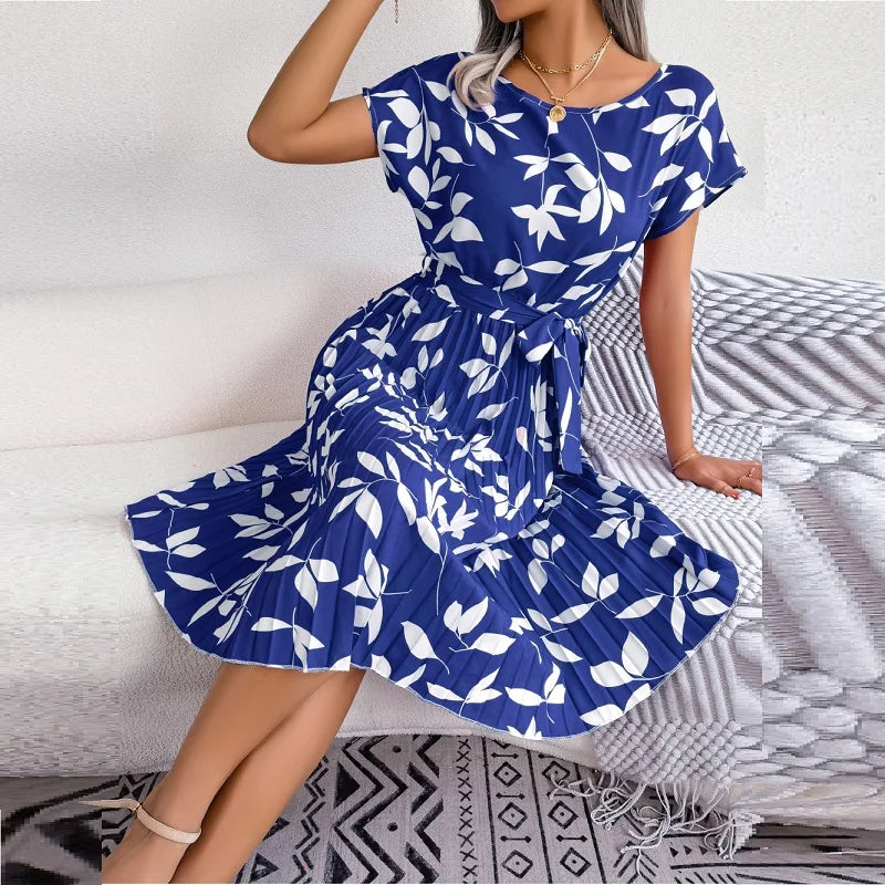 Elegant Skinny O-neck Short Sleeve Pleated Floral Lace-up Midi Dress