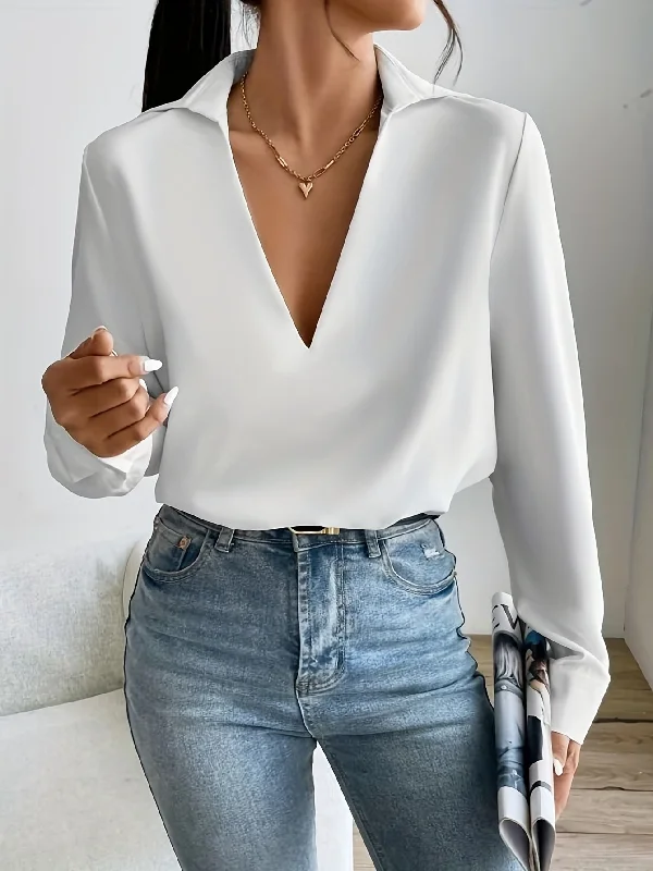 Sixsr Simple Solid Blouse, Casual V Neck Long Sleeve Versatile Blouse, Women's Clothing