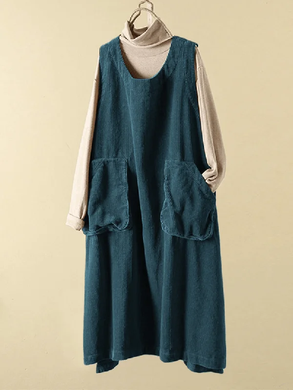 Women Corduroy Loose Pure Color Split Hem Sleeveless Dress