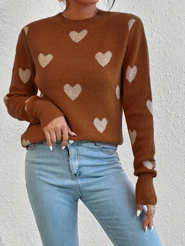 Sixsr Heart Pattern Crew Neck Sweater, Casual Long Sleeve Pullover Sweater, Women's Clothing