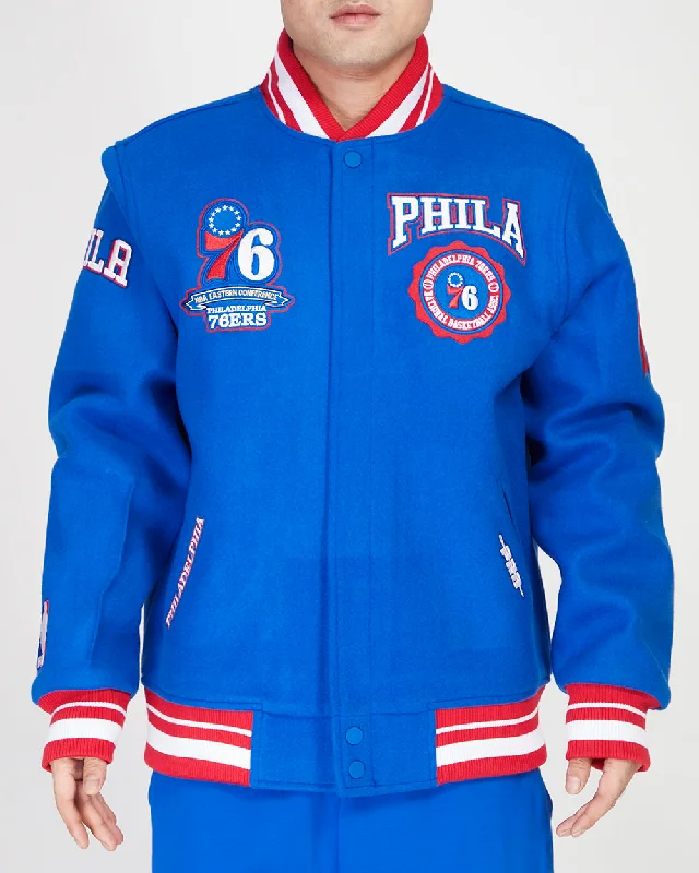 NBA PHILADELPHIA 76ERS CREST EMBLEM MEN'S RIB WOOL VARSITY JACKET (ROYAL BLUE/RED)