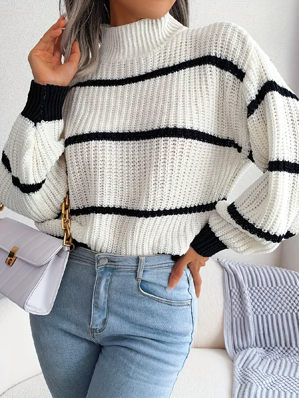 Sixsr Striped Color Block Crew Neck Sweater, Casual Long Sleeve Loose Fall Winter Knit Sweater, Women's Clothing