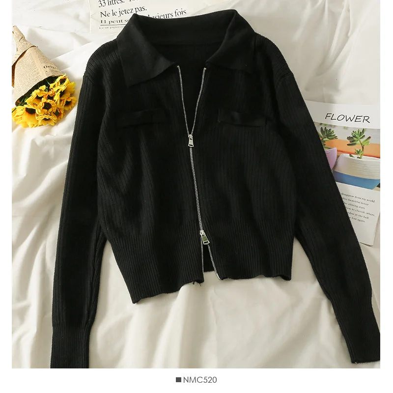 Lapel Zip Cardigan long sleeve vertical stripe top  1830