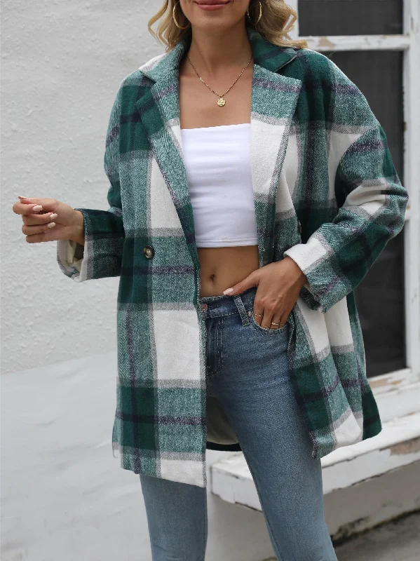 Sixsr Gingham Button Drop Shoulder Coat, Casual Long Sleeve Fashion Loose Plaid Outerwear, Women's Clothing