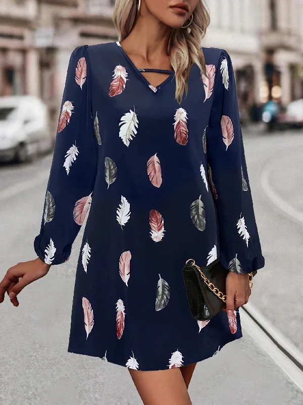 Sixsr Feather Print Lantern Sleeve Dress, V Neck A-line Dress, Women's Clothing