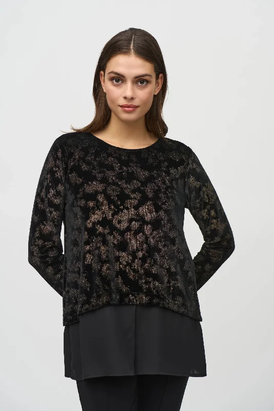 Joseph Ribkoff Black/Gold Foiled Velvet Long Sleeve Top 244228