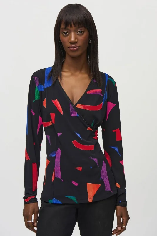 Joseph Ribkoff Black/Multi Abstract Print Faux Wrap Top 244079