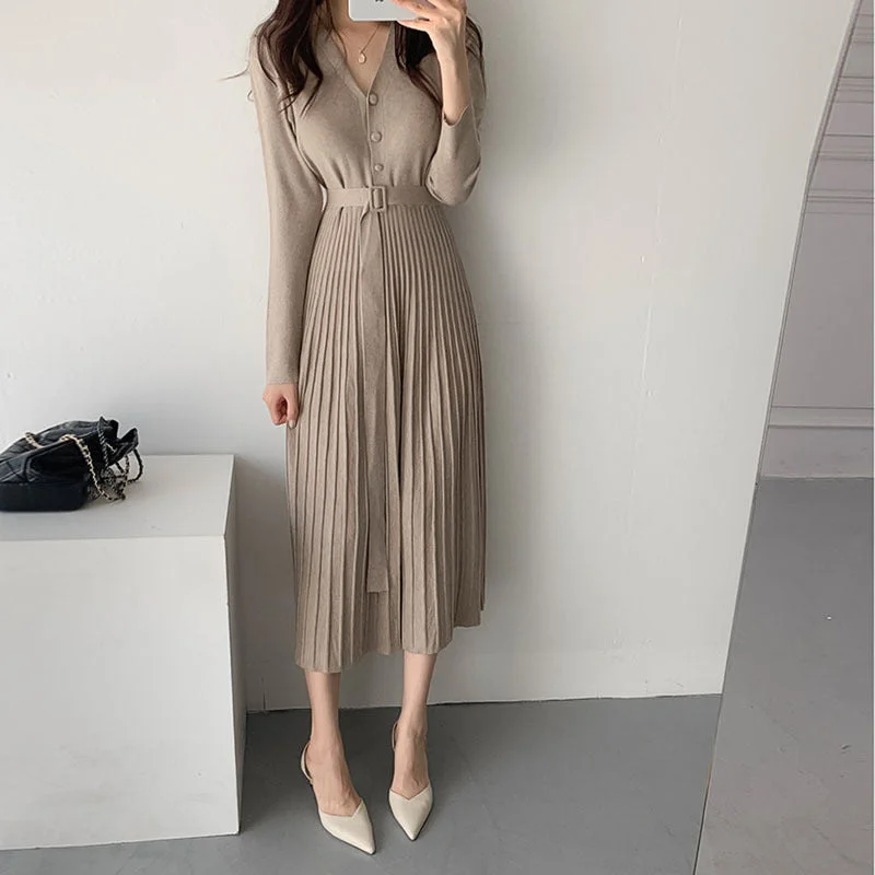 Julia Fashion - Elegant V-Neck Single-Breasted Thicken Sweater Dress