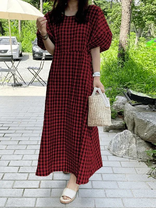 Women Plaid Casual Half Puff Sleeve Literal Holiday Dress