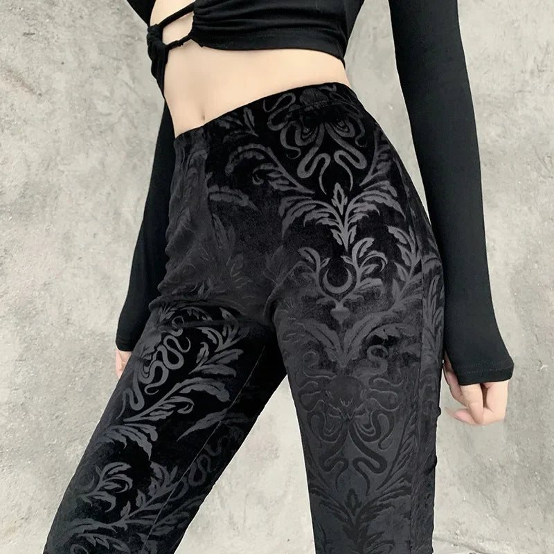 Retro Print Black Pants for Halloween Celebrations