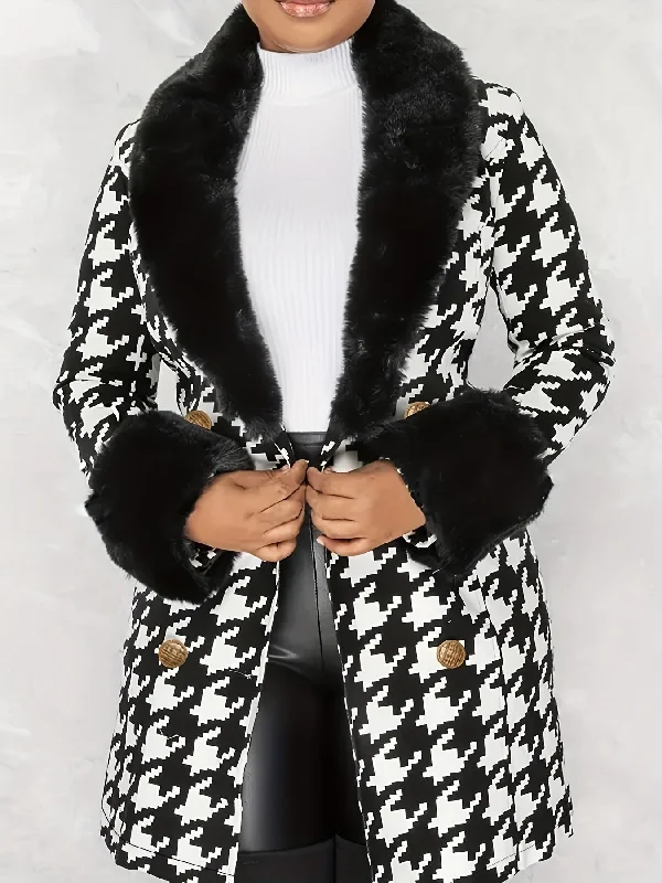 Sixsr Houndstooth Faux-Fur Trim Outwear, Elegant Double Breasted Long Sleeve Belted Coat For Winter, Women's Clothing