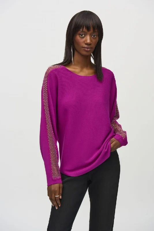 Joseph Ribkoff Rhinestone Mesh Insert Pullover Sweater Top 244910