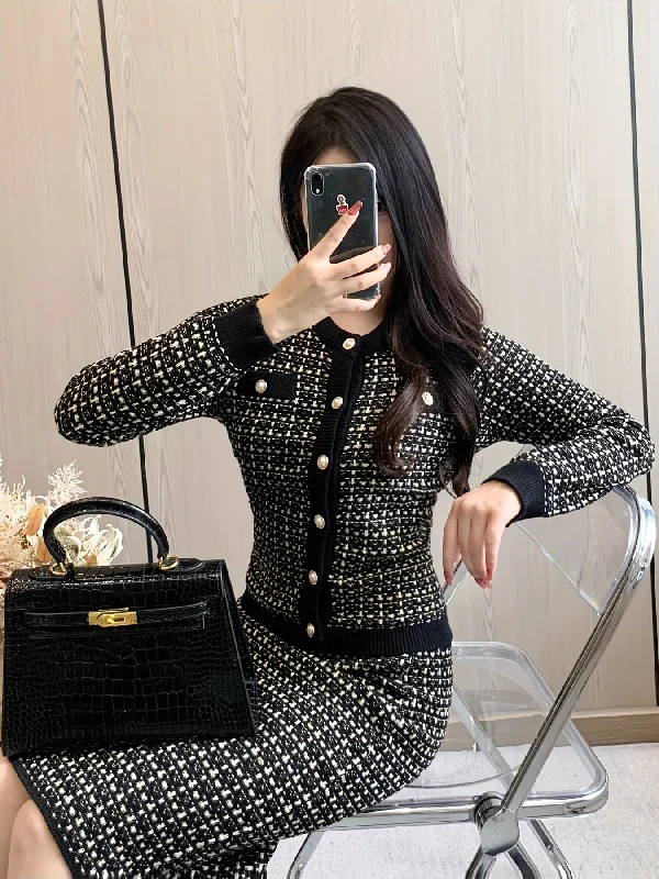 Sixsr Full Printed Elegant Two-piece Set, Button Front Long Sleeve Tops & Bag Hip Skirts Outfits, Women's Clothing