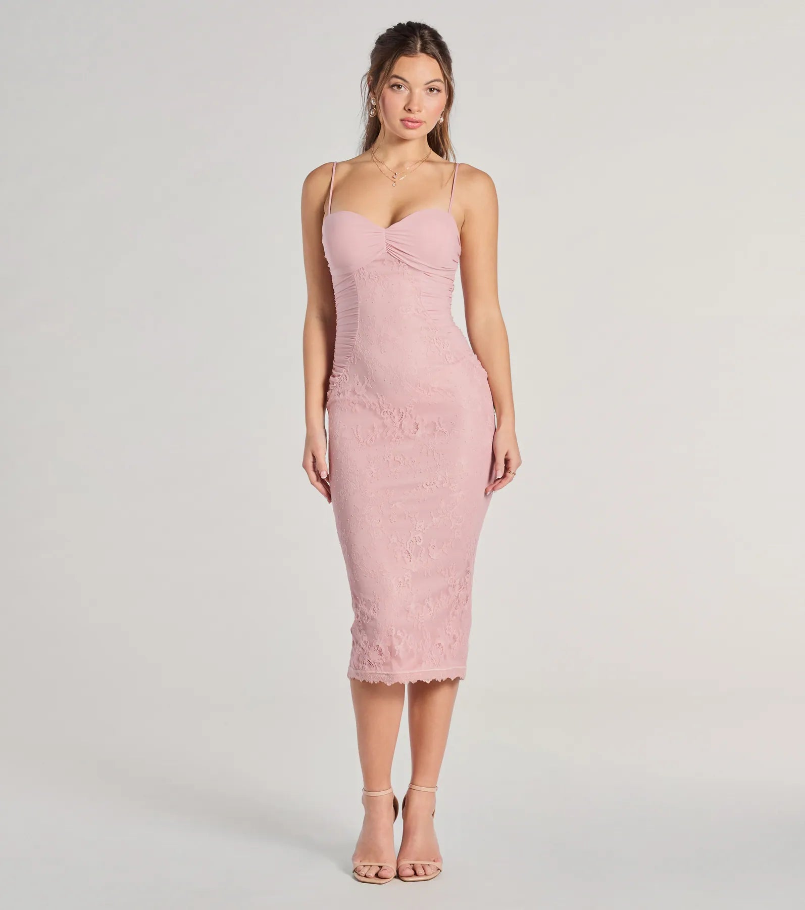 In For Romance Lace Mesh Bodycon Midi Dress