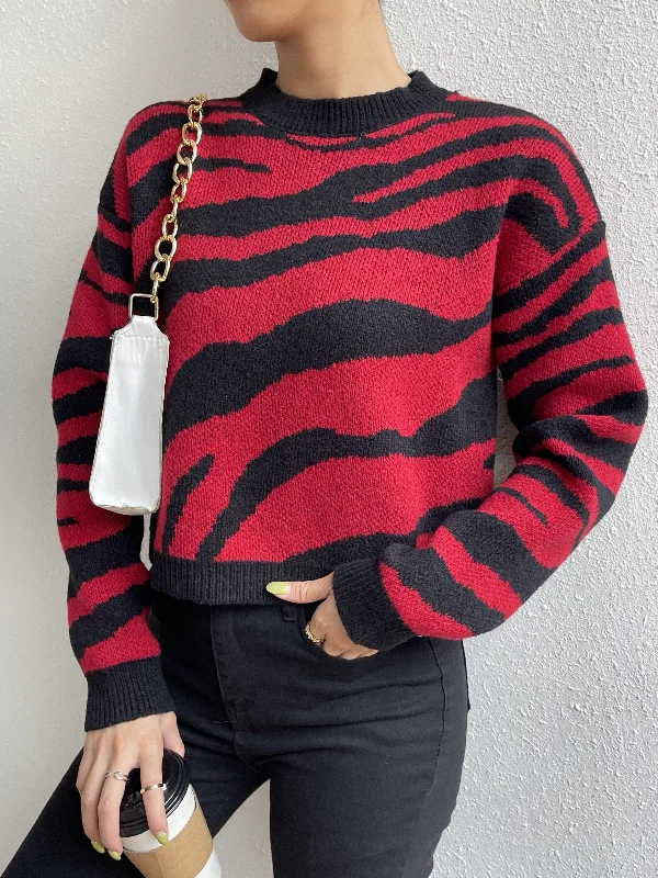 Sixsr Color Block Round Neck Long Sleeve Sweater, Vintage Jacquard Striped Comfy Autumn Sweater, Women's Clothing