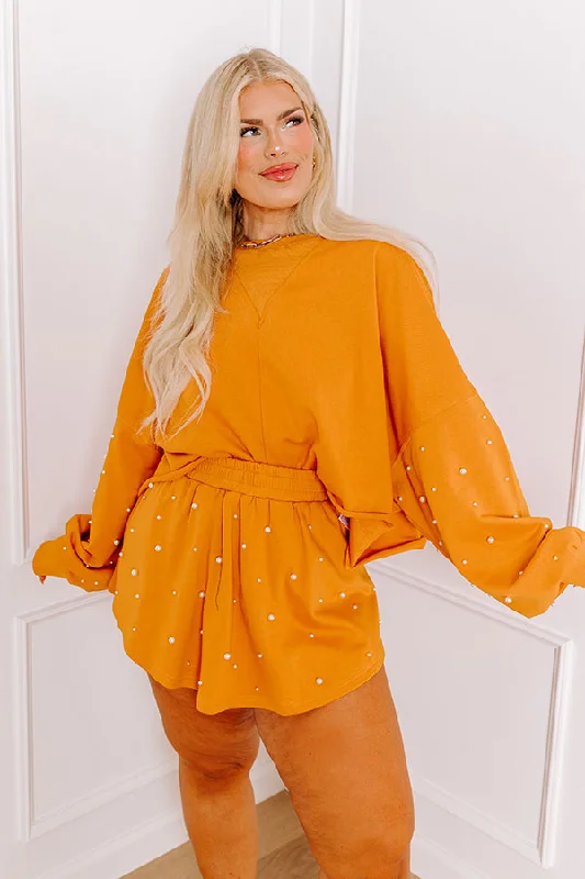 Sideline Chic Pearl Embellished Crop Sweatshirt in Rust Curves