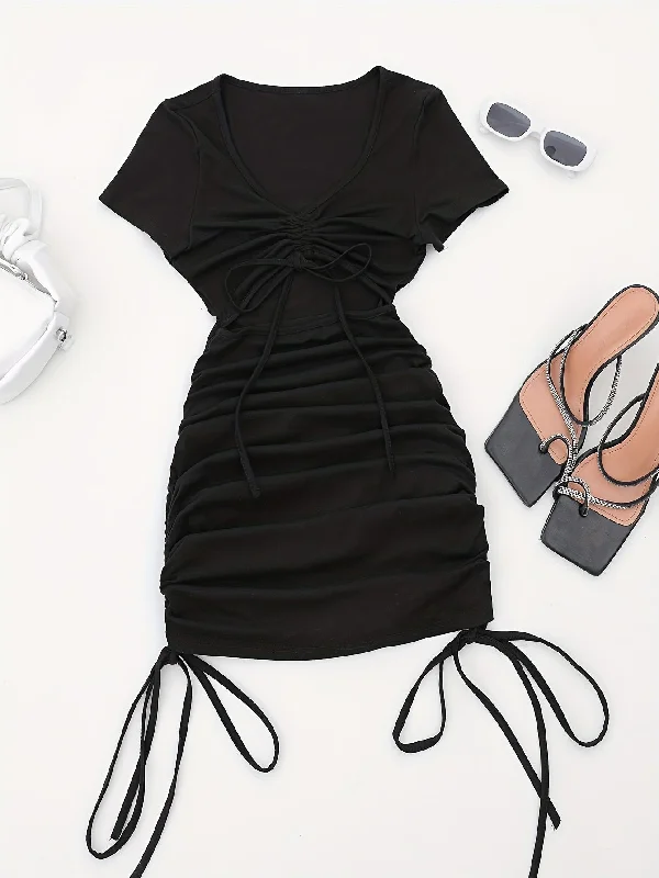 Sixsr Kpop Drawstring Cut Out Bodycon Dress, Sexy Short Sleeve Ruched Dress For Summer, Women's Clothing