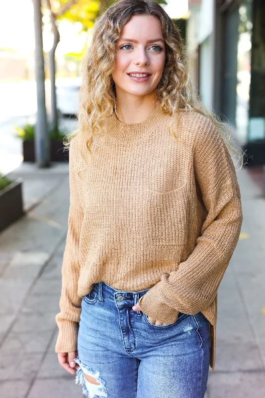 Taupe Mock Neck Chest Pocket Knit Sweater