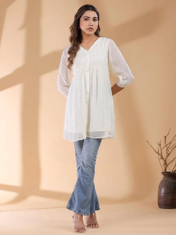 Off White Chiffon Self Design A-Line Tunic