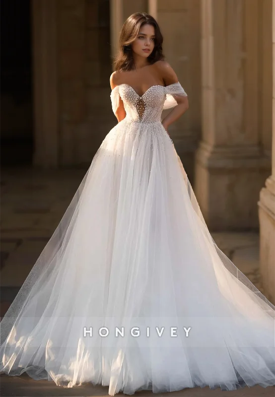 HONGIVEY Classic Tulle Off-Shoulder A-Line Backless Wedding Dress with Train