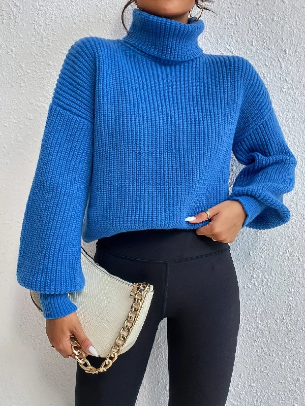 Sixsr Solid Turtleneck Pullover Sweater, Elegant Long Sleeve Drop Shoulder Sweater, Women's Clothing