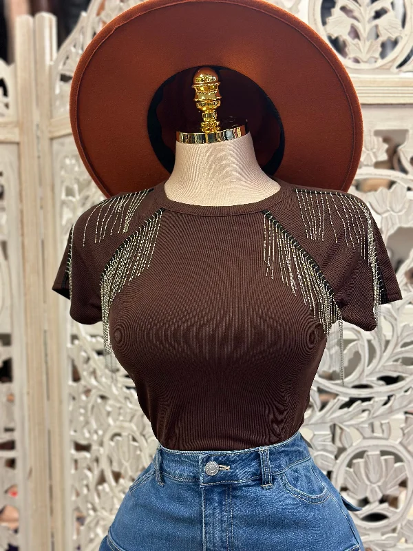 Rhinestone Fringe Brown Tee- Stretchy, Estira